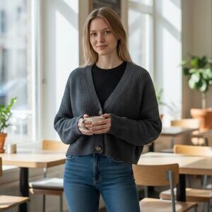 H&M Gray Oversized Ribbed Knit Cropped Crop Cardigan Sweater Medium Casual Cozy